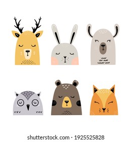Set of a animals, characters in scandinavian style - Rabbit, bear, owl, lama, fox, deer - Vector illustration, isolated