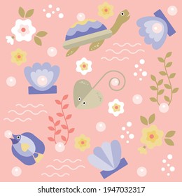 Set of animals for children. Marine animals and pearl. Vector flat illustration. Pink seamless pattern