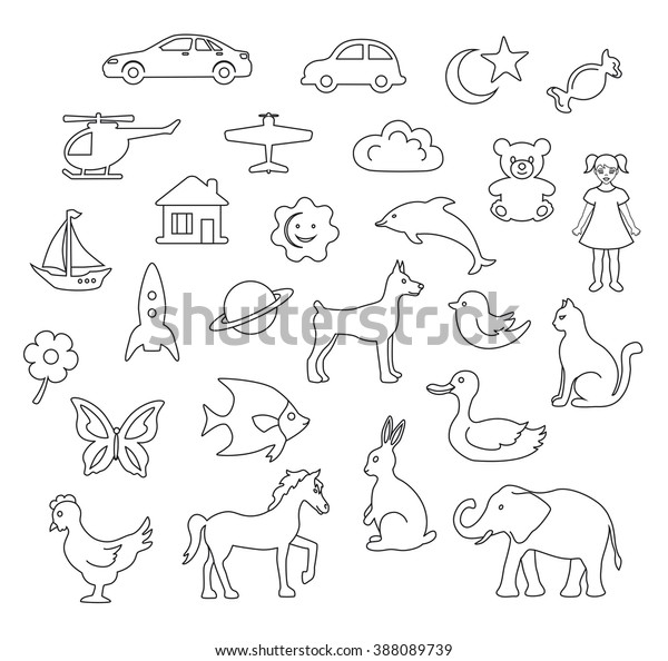 Set of Animals, Children\'s Toys Items in Simple\
Linear Style