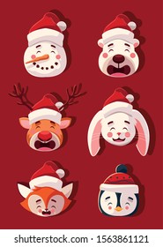 set of animals with christmas hats vector illustration design