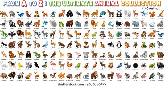 Set of animals collection arranged in alphabetical order from A to Z, Perfect for design and education and kids content