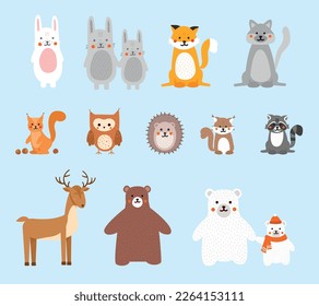 Set of animals. Collection of stickers for social networks and messengers. Hare, fox, bear, deer, hedgehog, raccoon and squirrel. Cartoon flat vector illustrations isolated on blue background