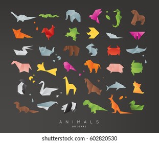 Set of animals color origami snake, elephant, bird, seahorse, frog, fox, mouse, butterfly, pelican, wolf, bear, rabbit, crab, penguin, giraffe, cat, panda, kangaroo on black background