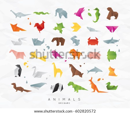 Set of animals color origami snake, elephant, bird, seahorse, frog, fox, mouse, butterfly, pelican, wolf, bear, giraffe, cat, panda, kangaroo on crumpled paper background