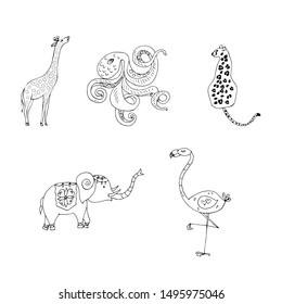 Set of animals for coloring book. Linear drawing. Vector illustration.