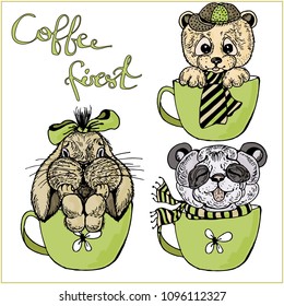 Set of animals in a cup and writing coffee first