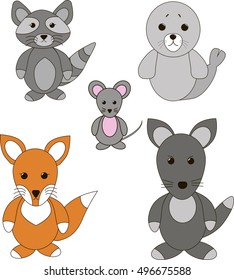 Set of animals. Cute cartoon fox, seal, mouse, wolfing and raccoon. Figures of animals are isolated. Animals puppies.