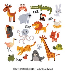 Set of animals in cute childish style. Farm animals, savannah animals, north pole animals, underwater inhabitants.