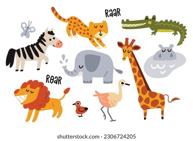 Set of animals in cute childish style. Savannah animals. Gunny colourful characters. Collection of cartoon animals.