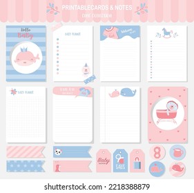 Conjunto de animales y tarjetas vectoriales lindas, ducha de bebé, imprimibles, etiquetas, tarjetas, plantillas, notas, pegatinas, etiquetas, reserva de chatarra, felicitaciones, invitaciones, ilustraciones vectoriales.