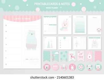 Conjunto de animales y tarjetas vectoriales lindas, oso, ducha de bebé, imprimible, etiquetas, tarjetas, plantillas, notas, pegatinas, etiquetas, reserva de chatarra, felicitaciones, invitaciones, ilustraciones vectoriales.