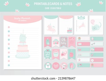 Set Of Animals And Cute Vector Cards,cat,baby Shower,printable,  Tags,cards,templates,Notes, Stickers, Labels,Scrap Booking, Congratulations, Invitations,Vector Illustrations