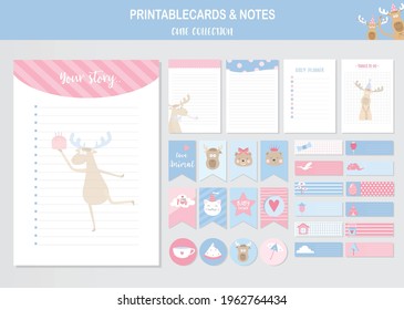 Set of animals and cute vector cards,deer,baby shower,printable,  tags,cards,templates,Notes, Stickers, Labels,Scrap booking, Congratulations, Invitations,Vector illustrations