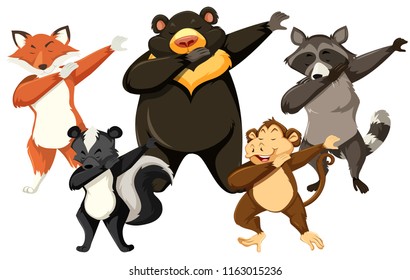 Set of animals dancing white background illustration