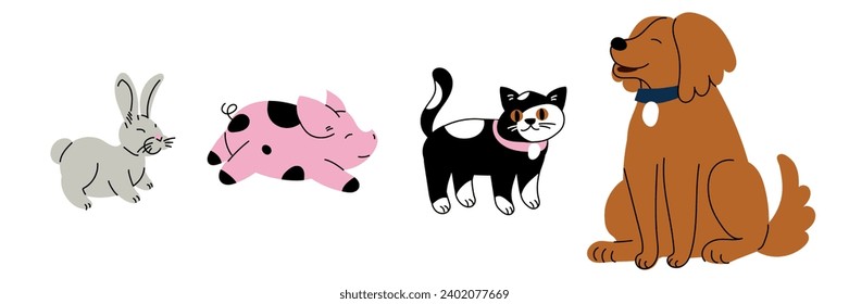 A set of animals dog, pig, cat, rabbit isolated on a white background. Flat vector illustration. Colorful pets. Cute fluffy animals