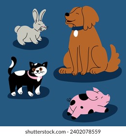 A set of animals dog, pig, cat, rabbit isolated on a blue background. Flat vector illustration. Colorful pets. Cute fluffy animals