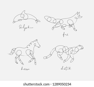 Set of animals dolphin, fox, horse, cheetah drawing in pen line style on light background