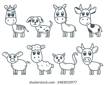 Set of animals doodle sketch style. Dog, cat, cow, bull, zebra, pig, sheep, donkey. Hand drawn ink characters, vector graphics