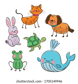 set of animals in doodle style isolated