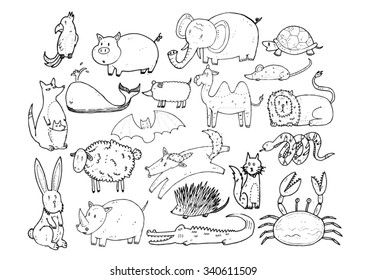 set of animals in doodle style isolated on white background