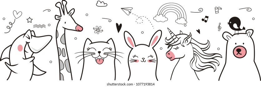 Set animals doodles on paper background