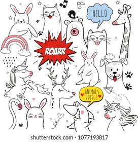 Set animals doodles on paper background