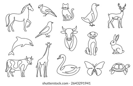 Set of animals drawn in one line style. Horse, bird, cat, swan, giraffe, cow, dolphin, butterfly, hare, deer, dog, turtle on white background