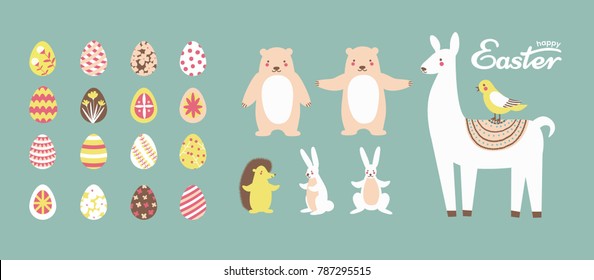 a set of animals and Easter Eggs for Easter Holiday; hedgehog; bunny; rabbit; lama; bird; bear; vector flat cartoon design; isolated characters and elements