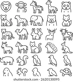set of animals. Elegant, tiger, lion, monkey, bear, deer, fox, camel, horse, cow, goat, bird, panda, tortile icons set