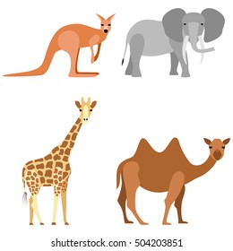 Set of animals: elephant, camel, giraffe, kangaroo, vector illustration