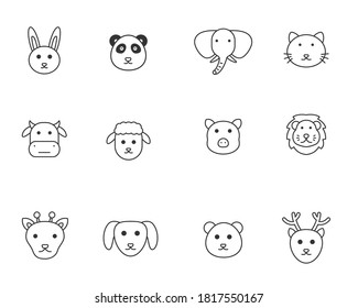 Set of animals face vector illustration with simple black line style isolated on white background. Animal icons 