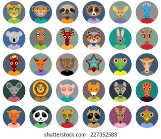 Set of animals faces circle icons set in Trendy Flat Style. zoo infographics design. vector