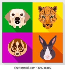 Set of animals with Flat Design. Symmetrical portraits of animals. Vector Illustration. Labrador dog, lemur, leopard, rabbit. A set of symmetric vector portraits animals. Icon Set. Animal face.