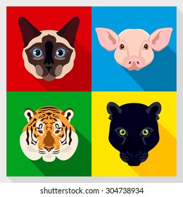 Set of animals with Flat Design. Symmetrical portraits of animals. Vector Illustration. siamese, cat, panther, tiger, pig. A set of symmetric vector portraits animals. Icon Set. Animal face. 