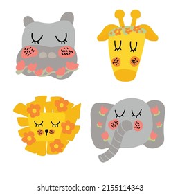 Set animals, flat style. Giraffe, hippo, elephant, giraffe