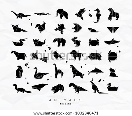 Set of animals in flat style origami snake, elephant, bird, seahorse, frog, fox, mouse, butterfly, pelican, wolf, bear, rabbit, crab monkey pig turtle kangaroo on white background