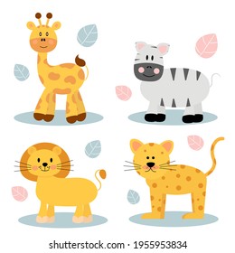 set of animals in flat style.Lion, zebra, leopard, giraffe.