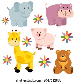 Set of animals. Flat vector illustration. 5 animals. Wildlife illustration.	