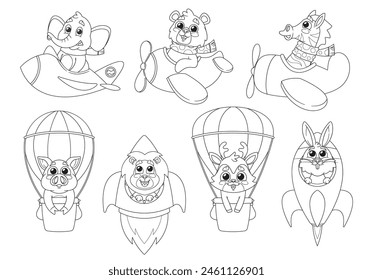 Set Of Animals Flight, Depicted In A Coloring Book Outline Style. Elephant, Bear, Zebra, Lion And Rabbit Piloting