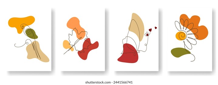 Set of animals and flowers one-line art vector illustrations. It is isolated on a white background. It is a Parrot, Maple, Butterfly, Sunflower. Bundle collection with various kinds of nature.  