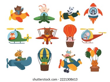 Set Animals Flying on Airplane, Rocket, Helicopter and Air Balloon. Cute Bear, Bunny, Panda and Raccoon, Fox, Squirreland Pig. Mouse, Giraffe, Frog, Cow and Cat Characters. Cartoon Vector Illustration