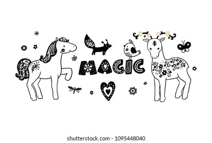 Set of animals in folk style/ fantasy forest
