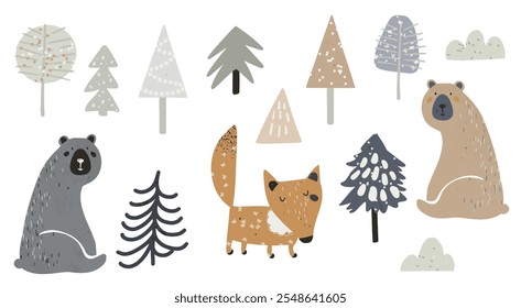 Set animals in the forest. Bear, fox. Nordic style forest for kids. Cute art for kids. Woodland creatures.