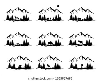 Set of animals in the forest. Collection of silhouette of wild animals in the mountains of deer, bear, wolf and fox. Tourism. Vector illustration of man and nature on a white background.