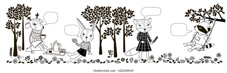 set of animals Fox, rabbit, moose ,raccoon in the forest on a picnic. ride on a swing and collect flowers. Set for children's creativity, game with children, template, banner