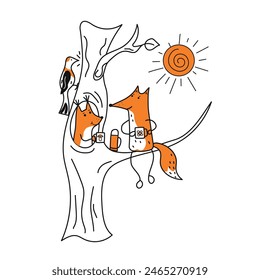 Set of animals, fox, squirrel, woodpecker. Tea time. Rest in the forest, outdoors. Drawing, doodles. Vector icons of cute animals.