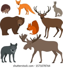 Set of animals: fox, wolf, bear, elk, deer, hedgehog, squirrel, hare; flat vector, wild animals