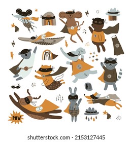 Set with animals in funny superhero costumes. Vector illustration on a white background for children's decoration and textiles.