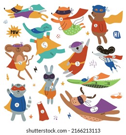 Set with animals in funny superhero costumes. Vector illustration on a white background for children's decoration and textiles.