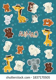 Set of Animals giraffe,  elephant, rabbit, bear, grizzly, polar bear, cats, dogs, elephant stickers with white border